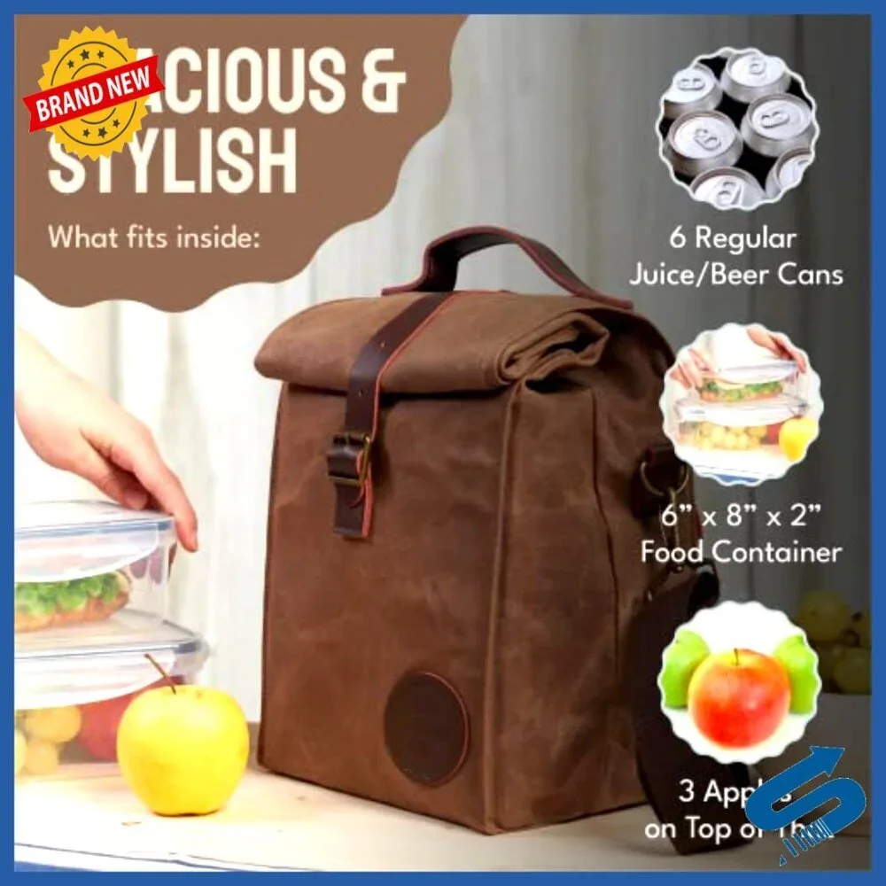Insulated Lunch Tote Leakproof Waxed Canvas Cooler Bag with Shoulder Strap